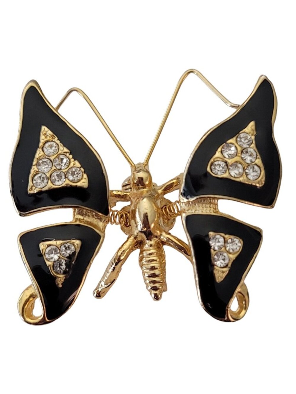 Gold Tone Clear Rhinestone Black Enamel Butterfly Trembler Brooch E652